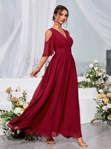 Cold Shoulder Flutter Sleeve Chiffon Dress - Burgundy - View 3