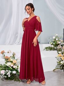 Cold Shoulder Flutter Sleeve Chiffon Dress - Burgundy - View 4