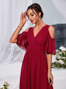 Cold Shoulder Flutter Sleeve Chiffon Dress - Burgundy - View 5