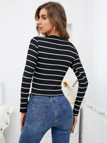 SHEIN Essnce Camiseta con estampado de rayas con botón - Negro - Ver 2