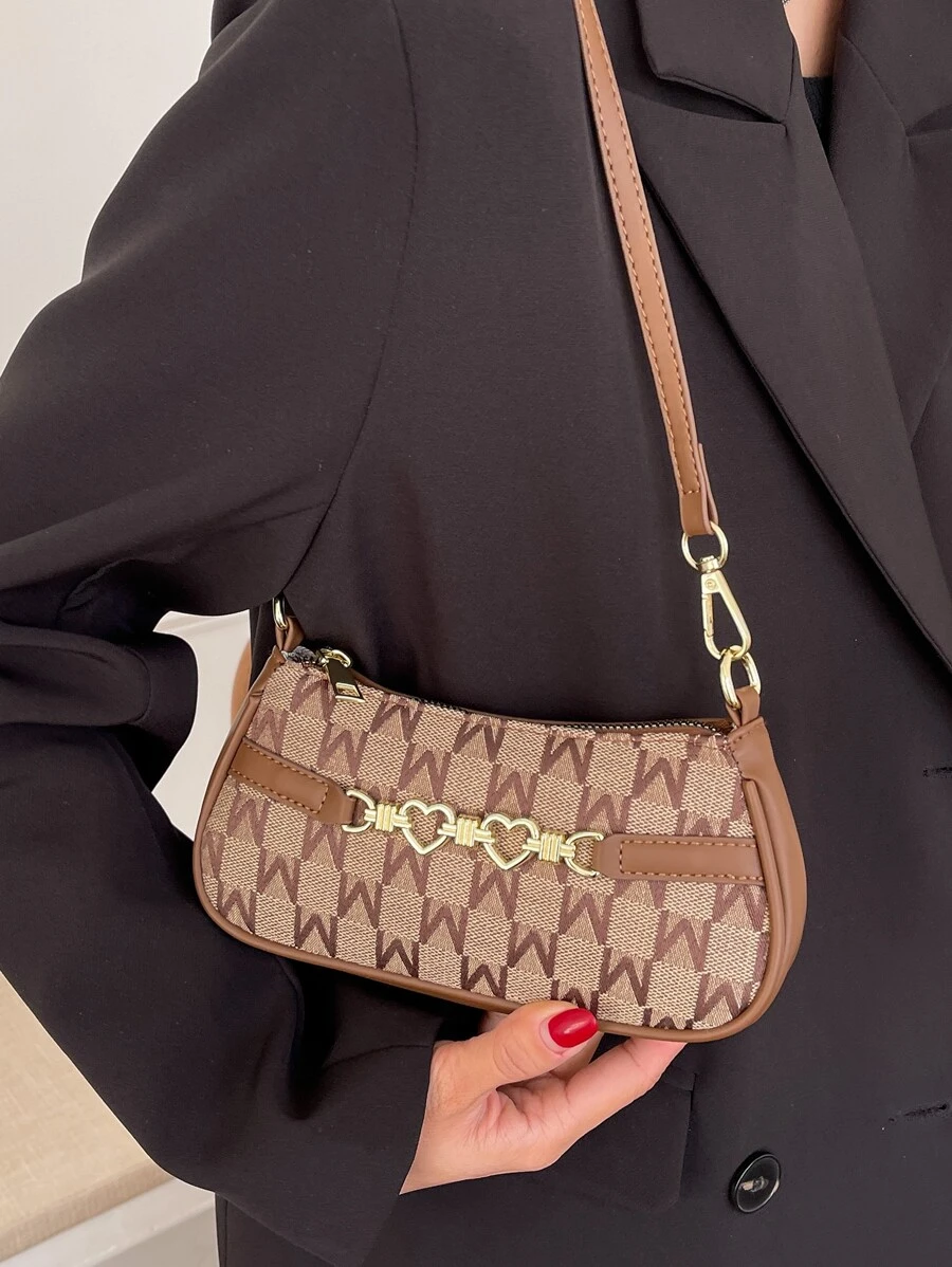 金屬愛心裝飾滿版字母圖案法棍包 - 咖啡棕 - 查看 1