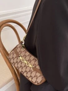 金屬愛心裝飾滿版字母圖案法棍包 - 咖啡棕 - 查看 2