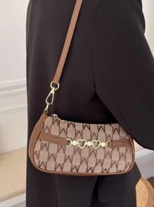 金屬愛心裝飾滿版字母圖案法棍包 - 咖啡棕 - 查看 5