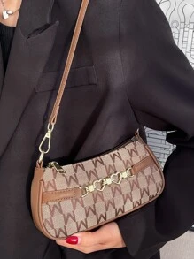 金屬愛心裝飾滿版字母圖案法棍包 - 咖啡棕 - 查看 6