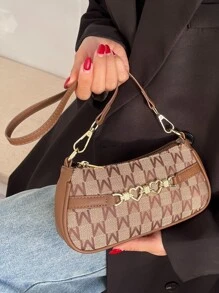 金屬愛心裝飾滿版字母圖案法棍包 - 咖啡棕 - 查看 7