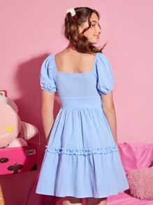 SHEIN Đầm Gái Nơ Bướm Viên lá sen Dây kéo màu trơn Dễ thương - Màu xanh nhạt - Xem 2