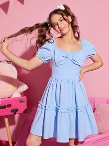 SHEIN Đầm Gái Nơ Bướm Viên lá sen Dây kéo màu trơn Dễ thương - Màu xanh nhạt - Xem 4