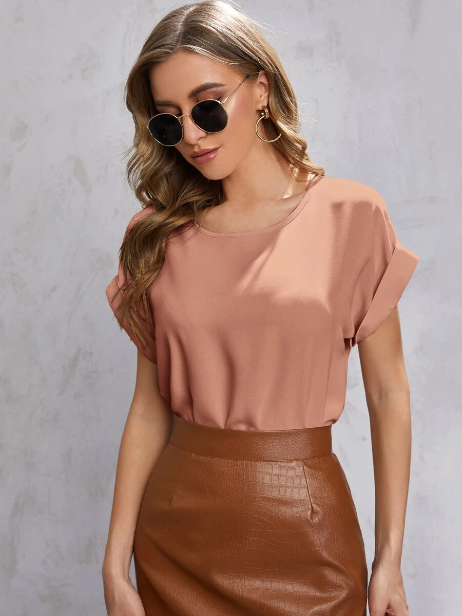 SHEIN LUNE Solid Rolled Sleeve Blouse - Dusty Pink - View 1