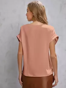 SHEIN LUNE Solid Rolled Sleeve Blouse - Dusty Pink - View 2