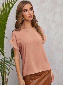 SHEIN LUNE Solid Rolled Sleeve Blouse - Dusty Pink - View 4