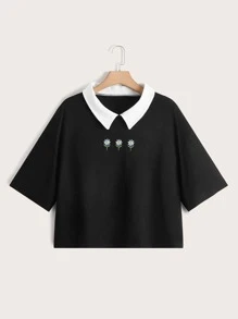 SHEIN Qutie Plus Floral Embroidery Contrast Collar Tee - Black - View 1