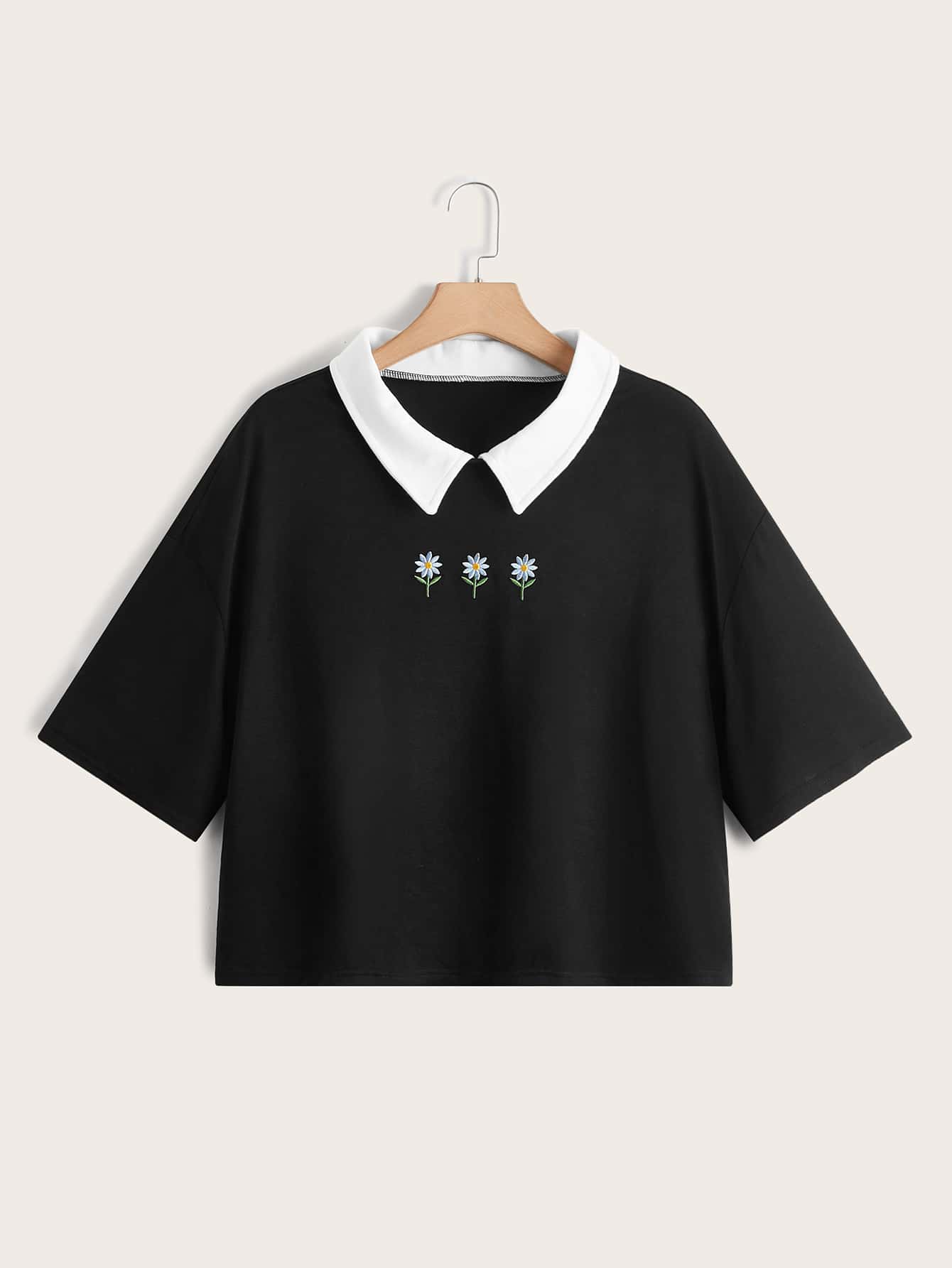 SHEIN Qutie Plus Floral Embroidery Contrast Collar Tee - Black - View 1