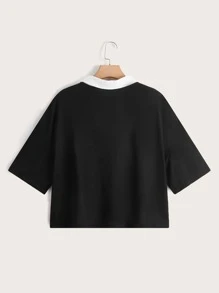 SHEIN Qutie Plus Floral Embroidery Contrast Collar Tee - Black - View 2