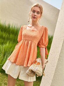 SHEIN VCAY 素色方領泡泡袖打結細節襯衫 - 橘色 - 查看 2