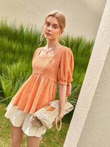 SHEIN VCAY 素色方領泡泡袖打結細節襯衫 - 橘色 - 查看 5