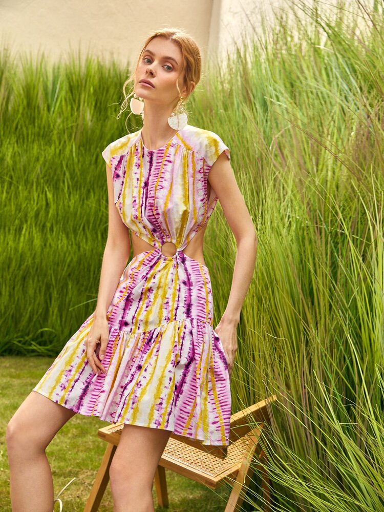 SHEIN VCAY Tie Dye Cut Out Ruffle Hem Dress - Multicolor - View 6