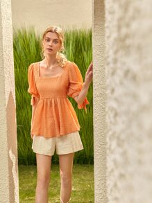 SHEIN VCAY 素色方領泡泡袖打結細節襯衫 - 橘色 - 查看 6