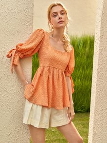 SHEIN VCAY 素色方領泡泡袖打結細節襯衫 - 橘色 - 查看 7