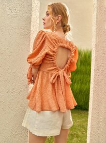 SHEIN VCAY 素色方領泡泡袖打結細節襯衫 - 橘色 - 查看 8