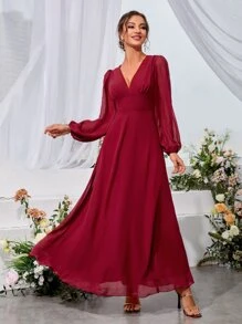 SHEIN Belle Lantern Sleeve Plunge Neck Chiffon Dress - Burgundy - View 1