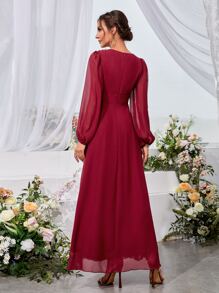SHEIN Belle Lantern Sleeve Plunge Neck Chiffon Dress - Burgundy - View 2