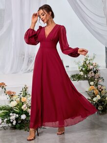 SHEIN Belle Lantern Sleeve Plunge Neck Chiffon Dress - Burgundy - View 3