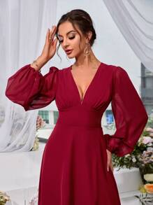 SHEIN Belle Lantern Sleeve Plunge Neck Chiffon Dress - Burgundy - View 4