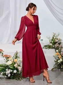SHEIN Belle Lantern Sleeve Plunge Neck Chiffon Dress - Burgundy - View 5