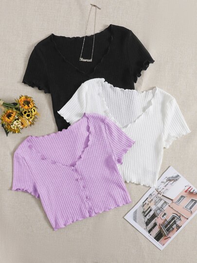 SHEIN EZwear 3pcs Lettuce Trim Waffle Knit Tee