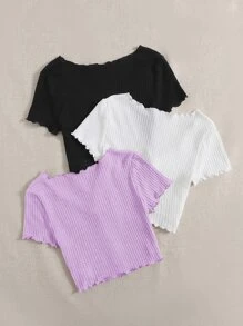 SHEIN EZwear 3pcs Lettuce Trim Waffle Knit Tee