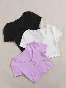 SHEIN EZwear 3pcs Lettuce Trim Waffle Knit Tee