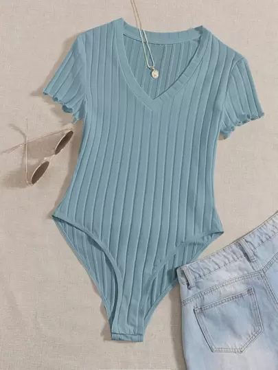 SHEIN Essnce Solid Ribbed Knit V Neck Bodysuit For Summer