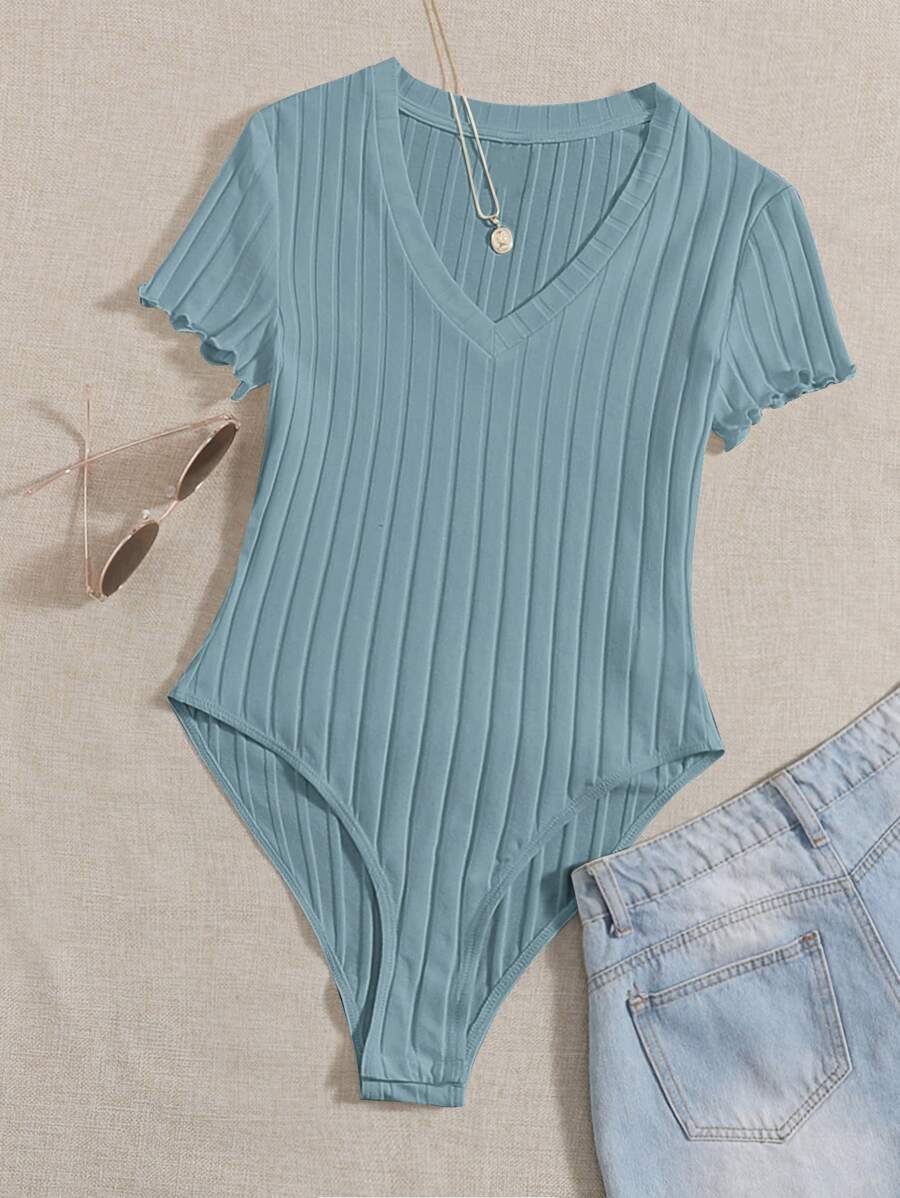 SHEIN Essnce Solid Ribbed Knit V Neck Bodysuit For Summer - Dusty Blue - View 1