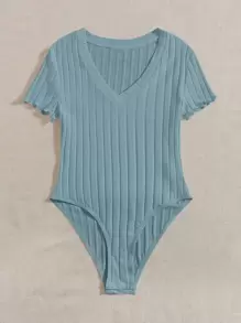 SHEIN Essnce Solid Ribbed Knit V Neck Bodysuit For Summer - Dusty Blue - View 3