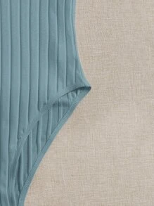 SHEIN Essnce Solid Ribbed Knit V Neck Bodysuit For Summer - Dusty Blue - View 4