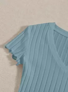 SHEIN Essnce Solid Ribbed Knit V Neck Bodysuit For Summer - Dusty Blue - View 5