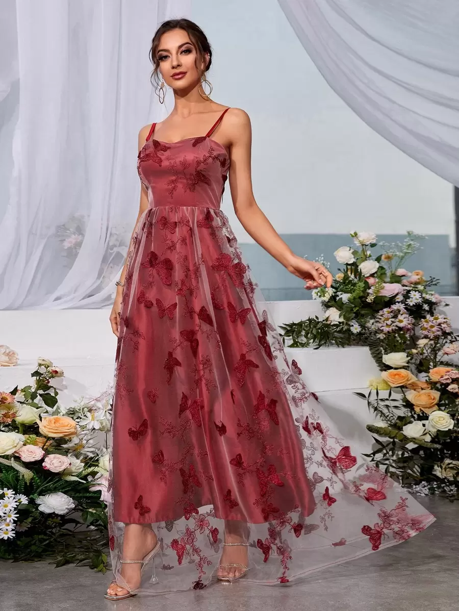 Butterfly & Floral Embroidery Mesh Cami Dress - Burgundy - View 1