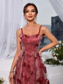 Butterfly & Floral Embroidery Mesh Cami Dress - Burgundy - View 3