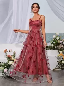 Butterfly & Floral Embroidery Mesh Cami Dress - Burgundy - View 4