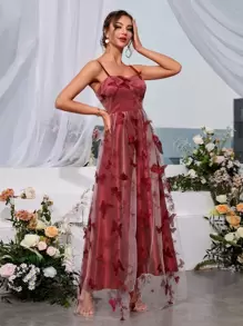 Butterfly & Floral Embroidery Mesh Cami Dress - Burgundy - View 5