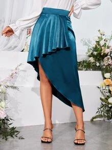 SHEIN Unity 荷葉邊不對稱下擺緞面半身裙 - 水鴨藍 - 查看 1