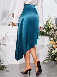 SHEIN Unity 荷葉邊不對稱下擺緞面半身裙 - 水鴨藍 - 查看 2