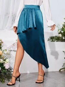 SHEIN Unity 荷葉邊不對稱下擺緞面半身裙 - 水鴨藍 - 查看 4