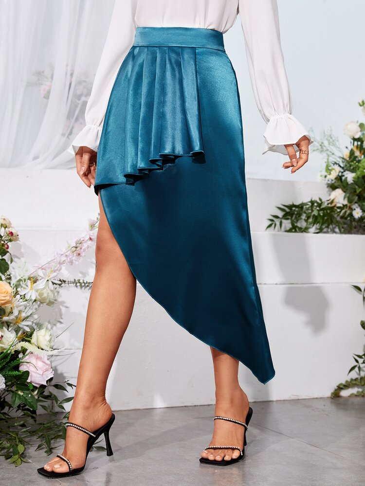 SHEIN Unity 荷葉邊不對稱下擺緞面半身裙 - 水鴨藍 - 查看 4