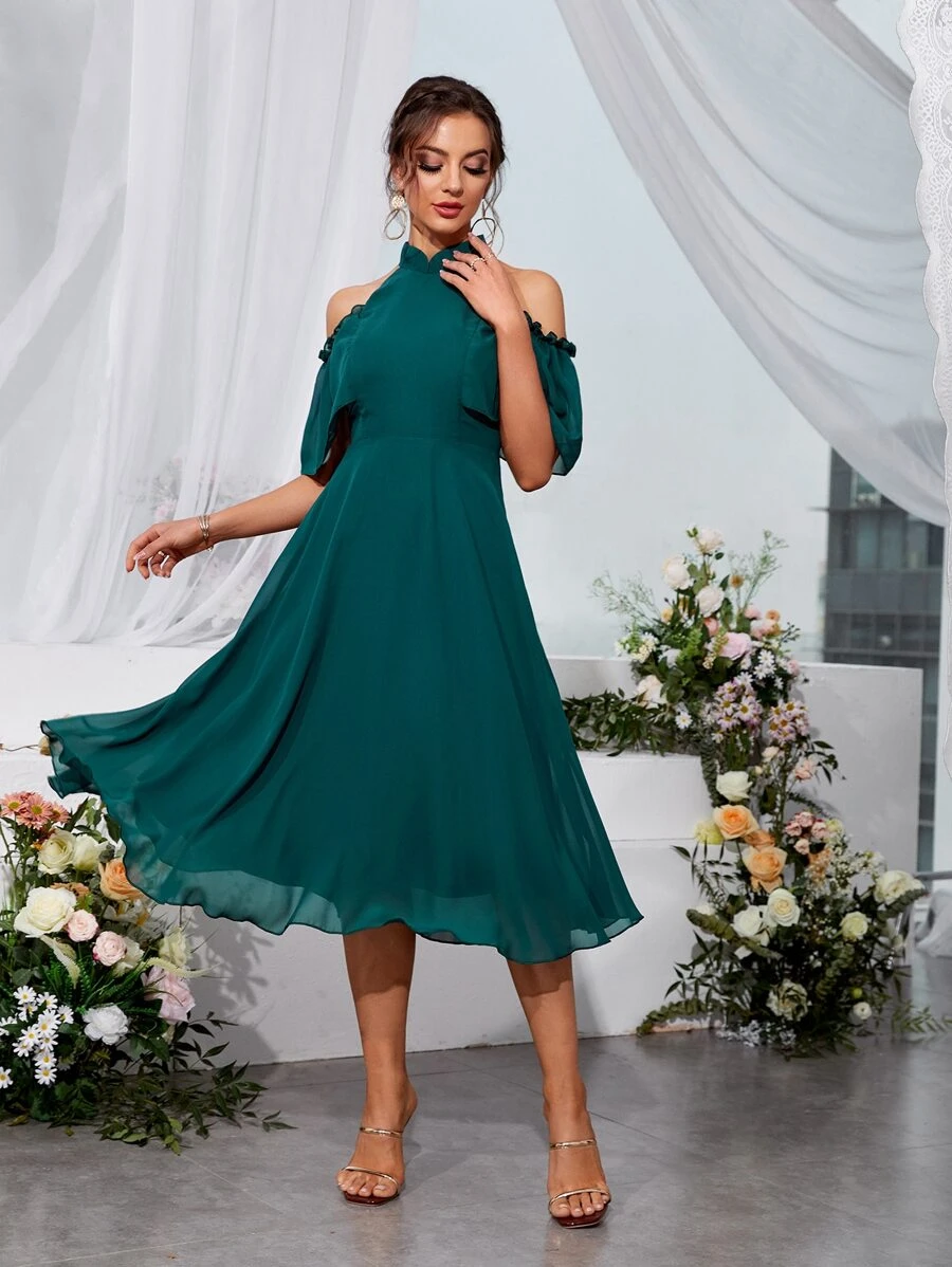 Chiquease Cold Shoulder Frill Trim Chiffon Dress - Teal Blue - View 1