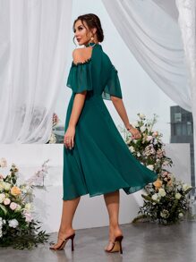 Chiquease Cold Shoulder Frill Trim Chiffon Dress - Teal Blue - View 2