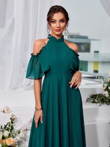 Chiquease Cold Shoulder Frill Trim Chiffon Dress - Teal Blue - View 3