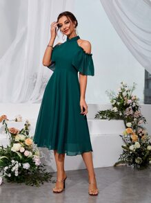 Chiquease Cold Shoulder Frill Trim Chiffon Dress - Teal Blue - View 4