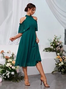 Chiquease Cold Shoulder Frill Trim Chiffon Dress - Teal Blue - View 5