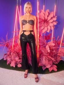 SHEIN ICON Crocodile Embossed Cutout Zip Fly PU Leather Flare Leg Pants - Black - View 6